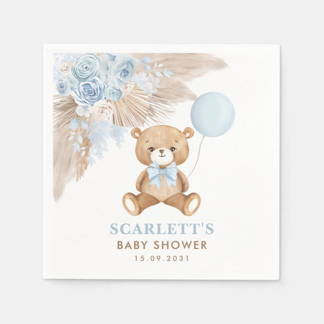 Boho Blue Floral Teddy Bear Baby Boy Shower Napkins (Front)