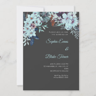Boho Blue Floral Winter Shadow Gray Wedding Invitation