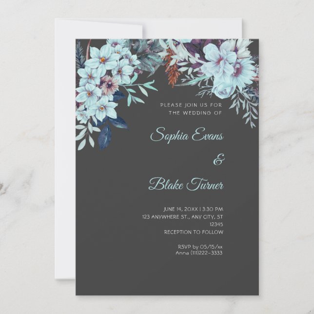 Boho Blue Floral Winter Shadow Gray Wedding Invitation (Front)