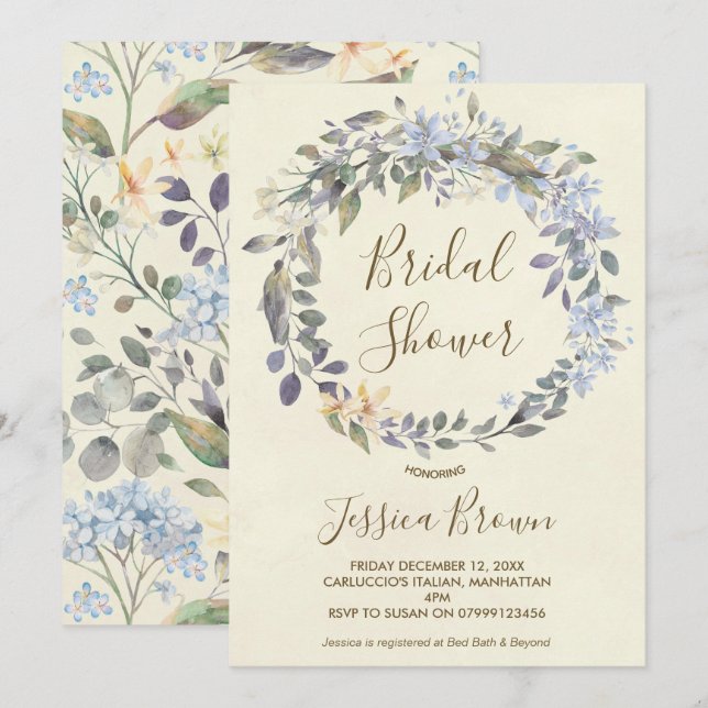 boho blue floral wreath bridal shower invitation (Front/Back)