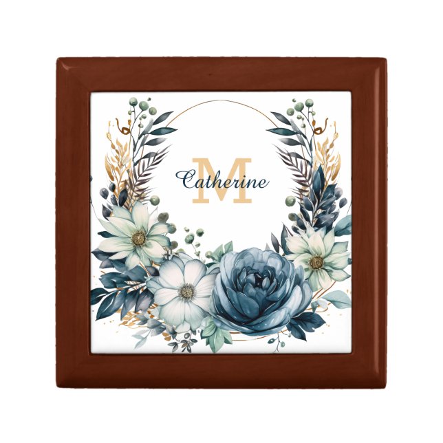 Boho Blue Floral Wreath Monogram Gift Box (Front)