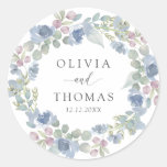 Boho Blue Floral Wreath Wedding Classic Round Sticker