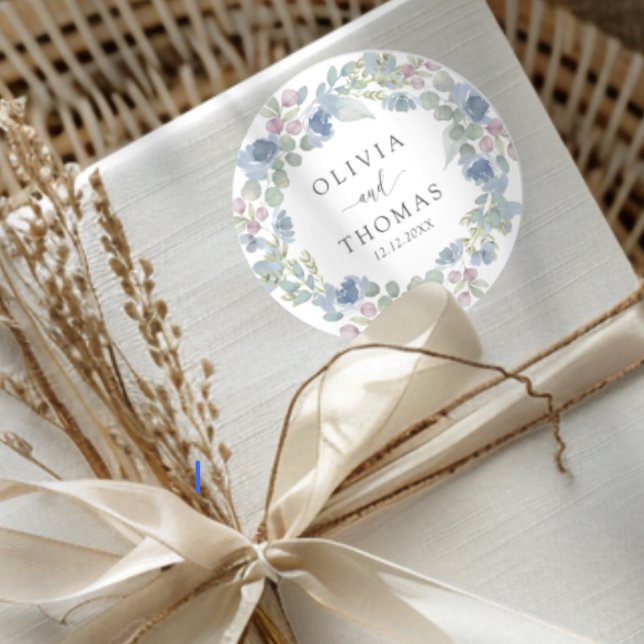 Boho Blue Floral Wreath Wedding Classic Round Sticker (Creator Uploaded)