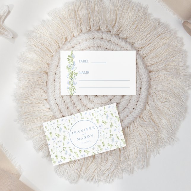 Boho blue flower rustic wedding Flat Place Card (Creator Uploaded)