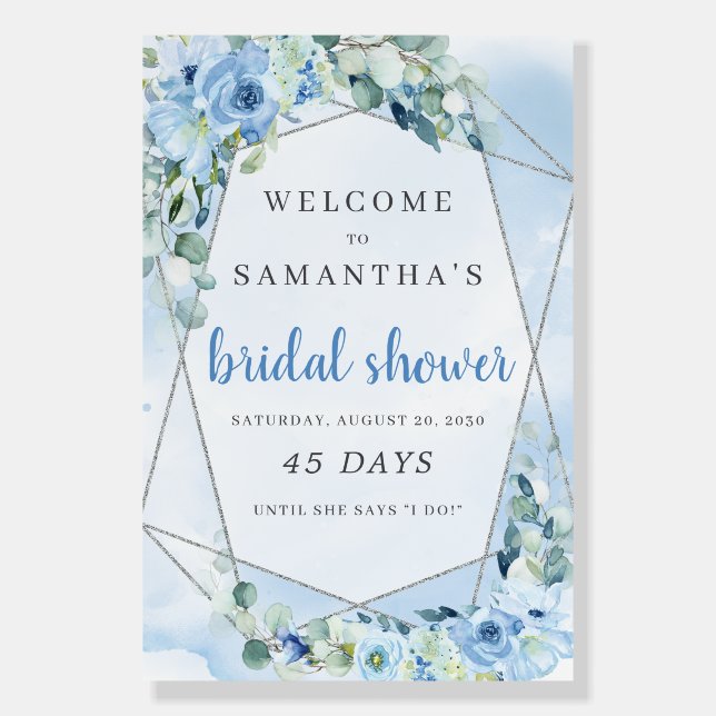 Boho blue flowers bridal shower countdown sign (Front)
