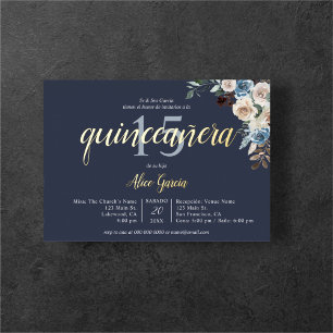 Boho Blue Flowers Dried Leaves Quinceanera Foil Invitation
