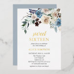Boho Blue Flowers Dried Leaves Sweet 16 Foil Invit Foil Invitation<br><div class="desc">Sweet 16 invitation features watercolor blue and beige flowers with dried leaves.</div>