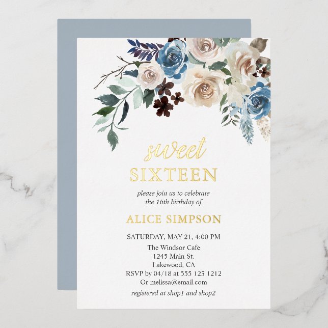 Boho Blue Flowers Dried Leaves Sweet 16 Foil Invit Invitation (Front/Back)