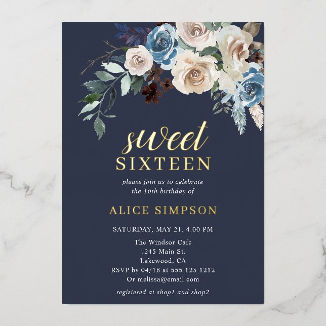 Boho Blue Flowers Dried Leaves Sweet 16 Foil Invitation (Front)