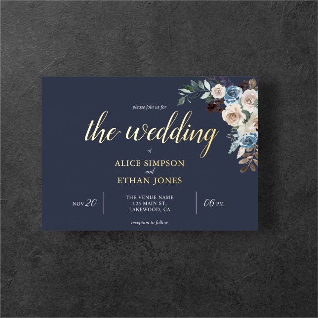 Boho Blue Flowers Dried Leaves Wedding Foil Invita Foil Invitation (Creator Uploaded)