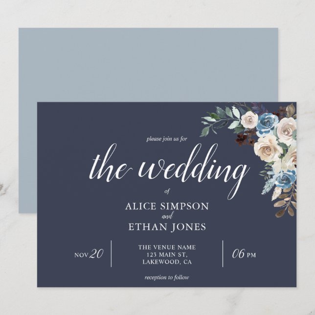 Boho Blue Flowers Dried Leaves Wedding Invitation (Front/Back)