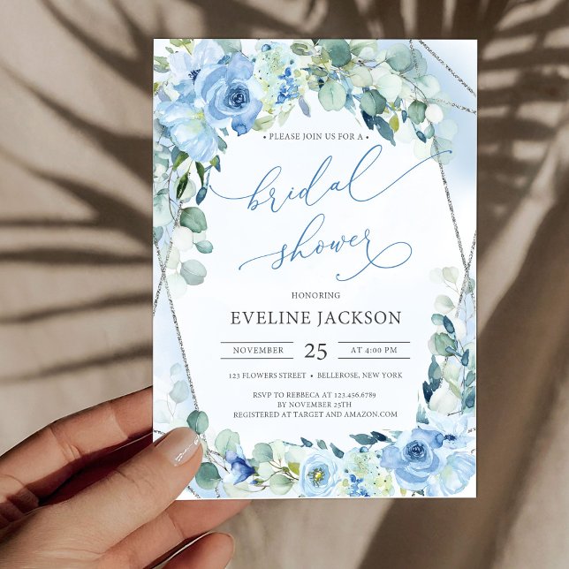 Boho blue flowers eucalyptus silver Bridal Shower Invitation (boho watercolor blue flowers eucalyptus and silver frame bridal shower invitation digital)