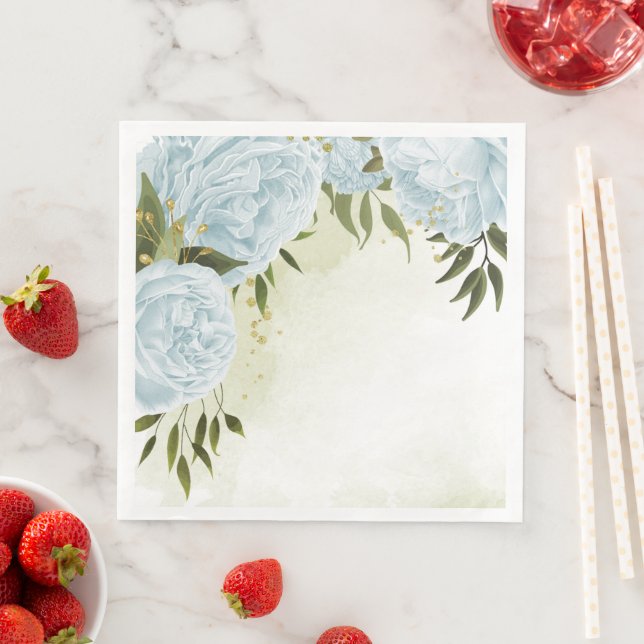 Boho blue flowers green leaves botanical  paper dinner napkins (Insitu)