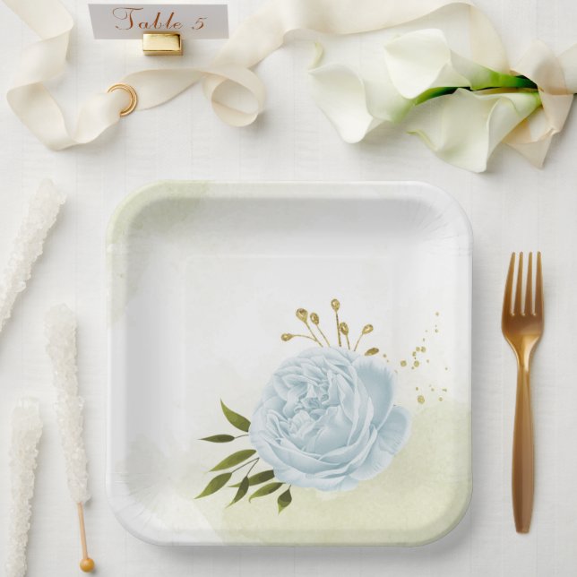 Boho blue flowers green leaves botanical paper plates (Wedding)