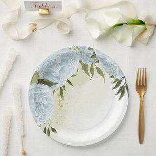 Boho blue flowers green leaves botanical paper plates