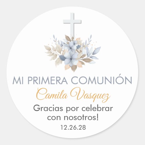 Boho Blue Flowers in Spanish First Holy Communion  Classic Round Sticker