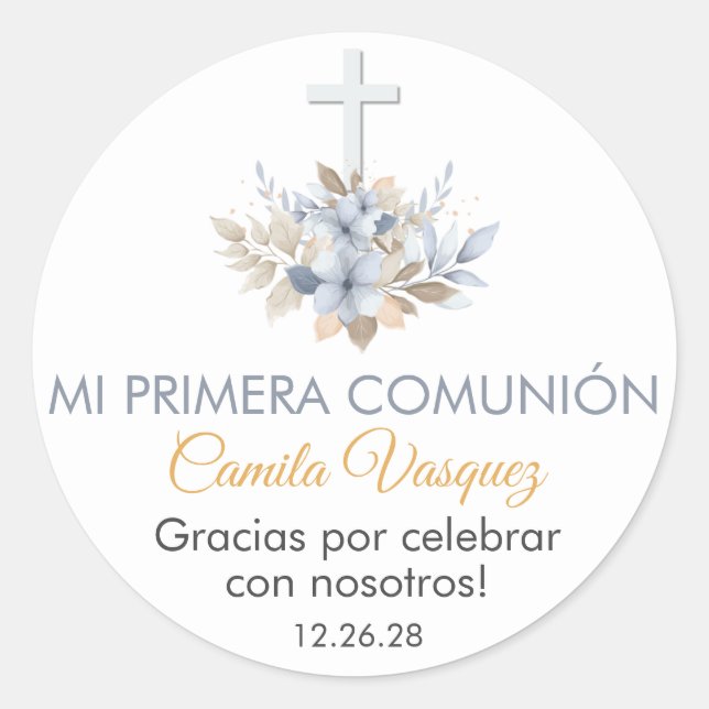 Boho Blue Flowers in Spanish First Holy Communion  Classic Round Sticker (Front)