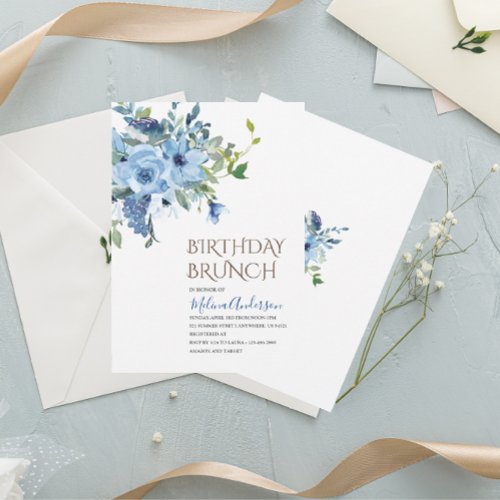 Boho  Blue Flowesr  watercolor birthday brunch Invitation