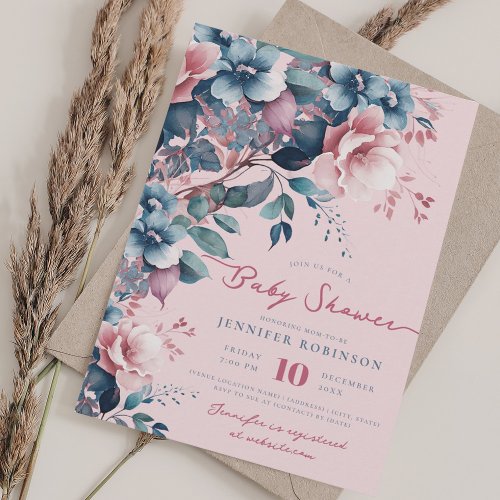 Boho Blue Garden Floral Baby Shower Blush Invitation