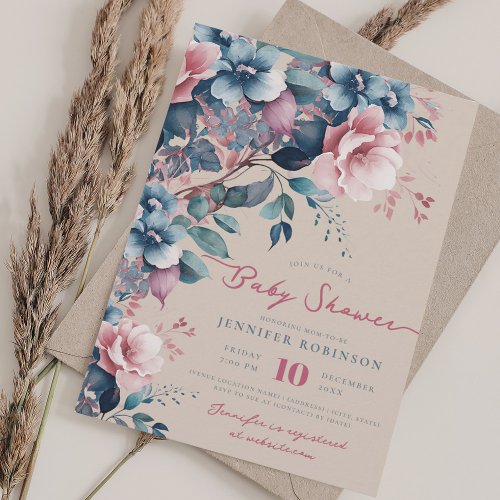 Boho Blue Garden Floral Baby Shower Champagne  Invitation