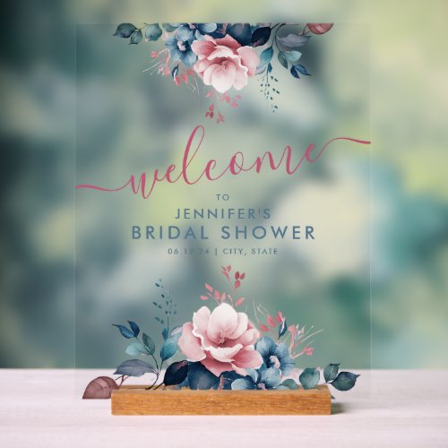 Boho Blue Garden Floral Bridal Shower Welcome Acrylic Sign