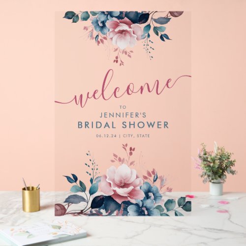 Boho Blue Garden Floral Bridal Shower Welcome  Acrylic Sign