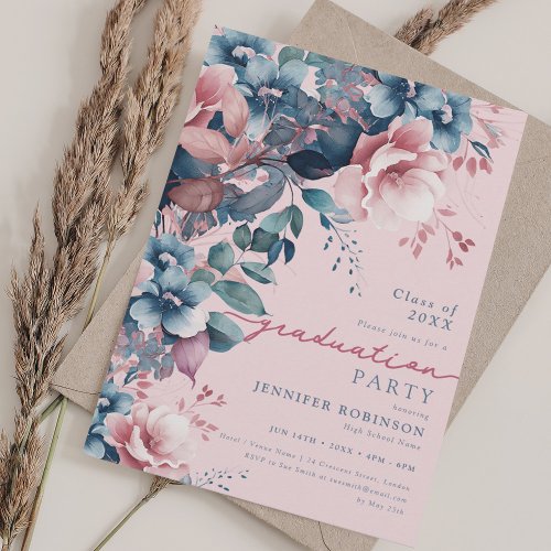 Boho Blue Garden Floral Graduation Party Blush  Invitation