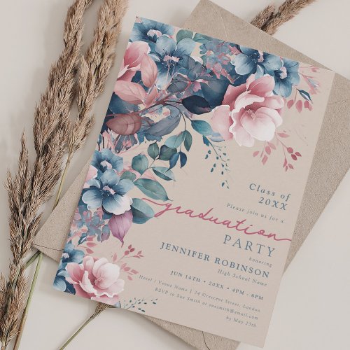 Boho Blue Garden Floral Graduation Party Champagne Invitation