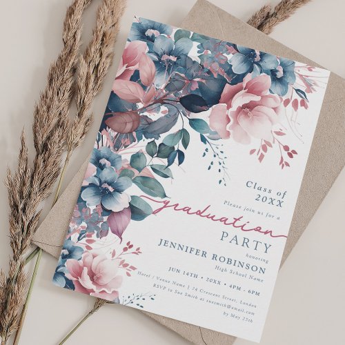 Boho Blue Garden Floral Graduation Party Invitation