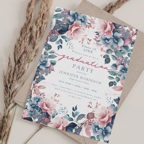 Boho Blue Garden Floral Graduation Party  Invitation