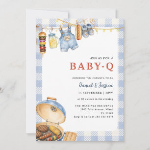 Boho Blue Gingham Baby Q BBQ Baby Shower Invitation