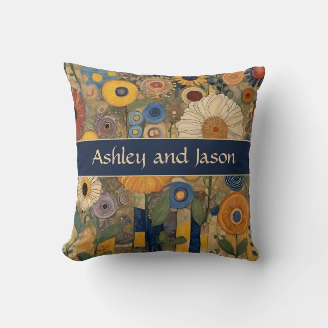 Boho Blue Gold Custom Couple Names Wedding Throw Pillow (Front)