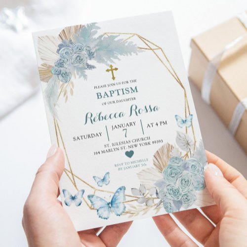 Boho Blue Gold Floral Butterfly Geometric Baptism Invitation