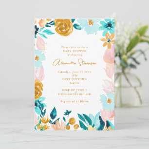 Boho Blue Gold Floral Frame Border Baby Shower Invitation