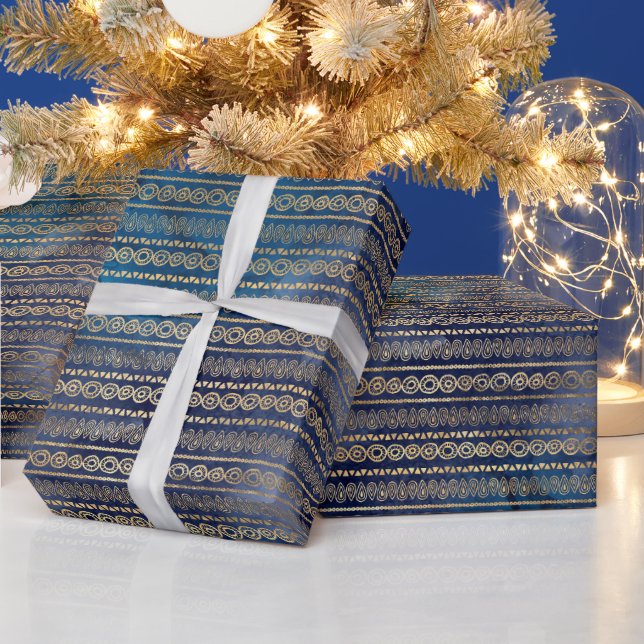 Boho Blue Gold  Wrapping Paper (Holidays)