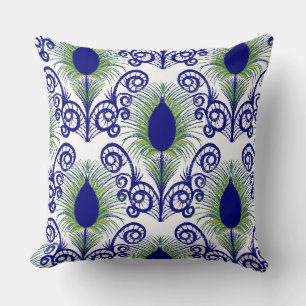Boho Blue Green Jewel Tone Peacock Feather  Throw Pillow