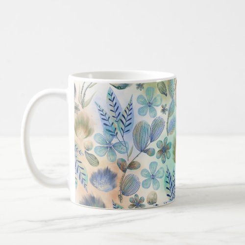 Boho Blue Green Whimsical Floral Botanical  Coffee Mug