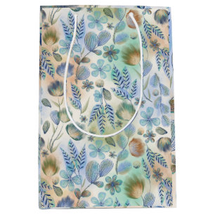 Boho Blue Green Whimsical Floral Botanical Medium Gift Bag