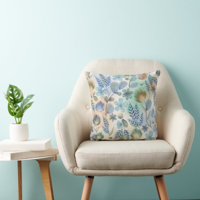 Boho Blue Green Whimsical Floral Botanical Throw Pillow (Chair)