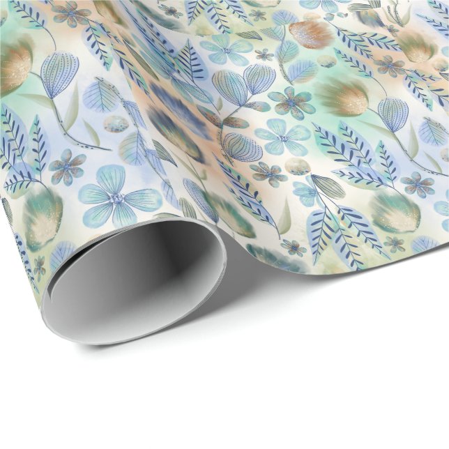 Boho Blue Green Whimsical Floral Botanical  Wrapping Paper (Roll Corner)