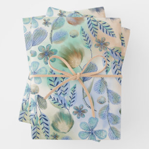 Boho Blue Green Whimsical Floral Botanical  Wrapping Paper Sheets