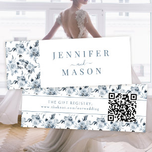 Boho Blue Grey Floral Wedding QR Registry Card