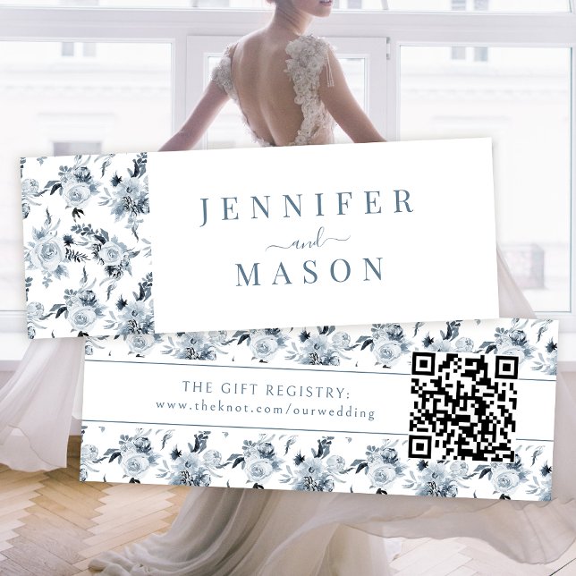 Boho Blue Grey Floral Wedding QR Registry Card (Creator Uploaded)