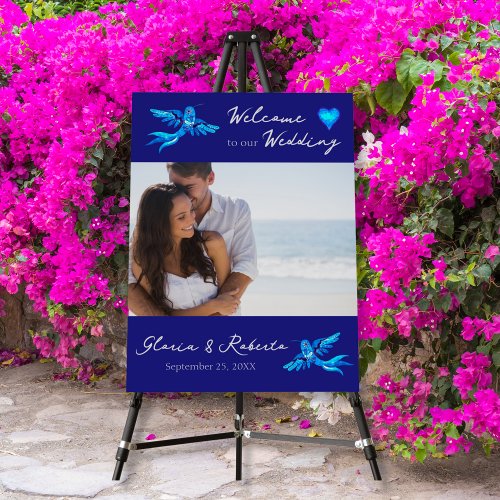 Boho Blue Hummingbird Photo Welcome Wedding Sign