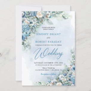 Boho blue hydrangea and cream roses eucalyptus invitation