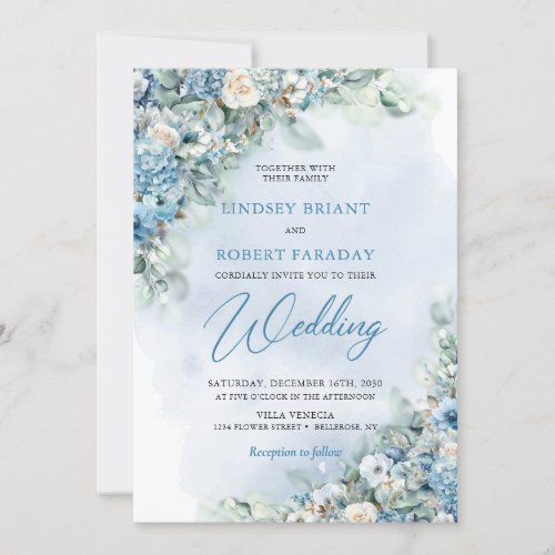 Boho blue hydrangea and cream roses eucalyptus invitation