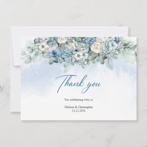 Boho blue hydrangea and white roses eucalyptus thank you card