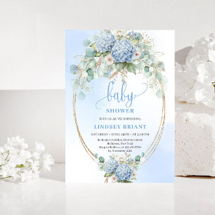 Boho Blue Hydrangea Baby Shower Gold Invitation