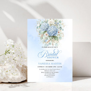Boho Blue Hydrangea Bridal Shower Gold Invitation