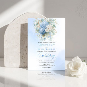 Boho Blue Hydrangea Gold Floral Wedding Invitation